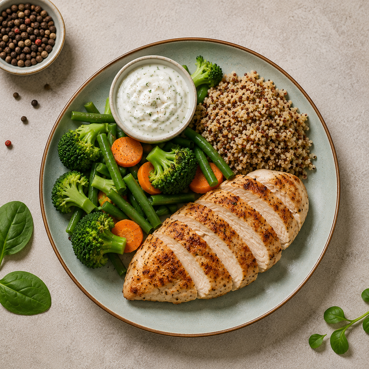 Talerz z grillowanym kurczakiem, komosą ryżową i warzywami — przykładowy posiłek Fit Meal