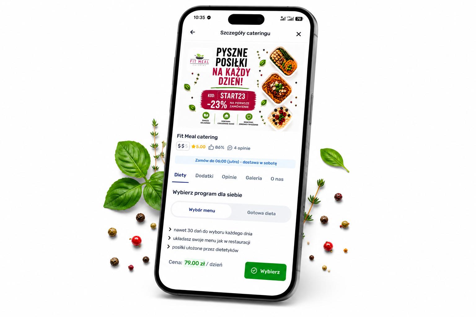 Panel klienta Fit Meal w aplikacji Dietly na ekranie telefonu