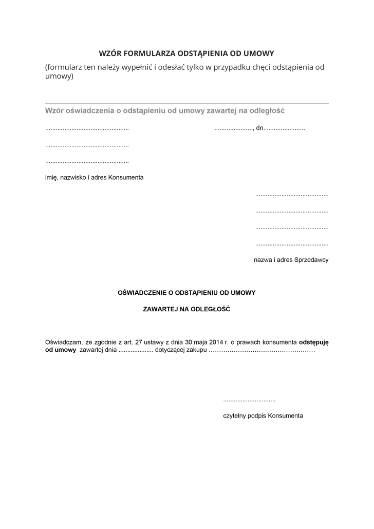 Wzór formularza odstąpienia od umowy